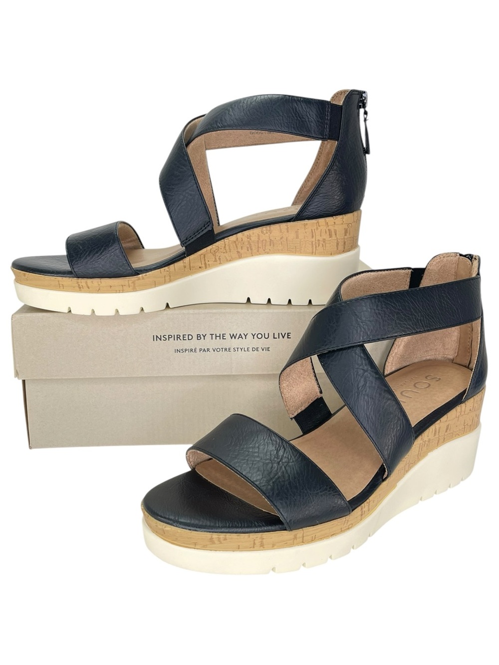 SOUL Naturalizer Goodtimes Black Faux Leather Womens Wedge Sandals Size 9W